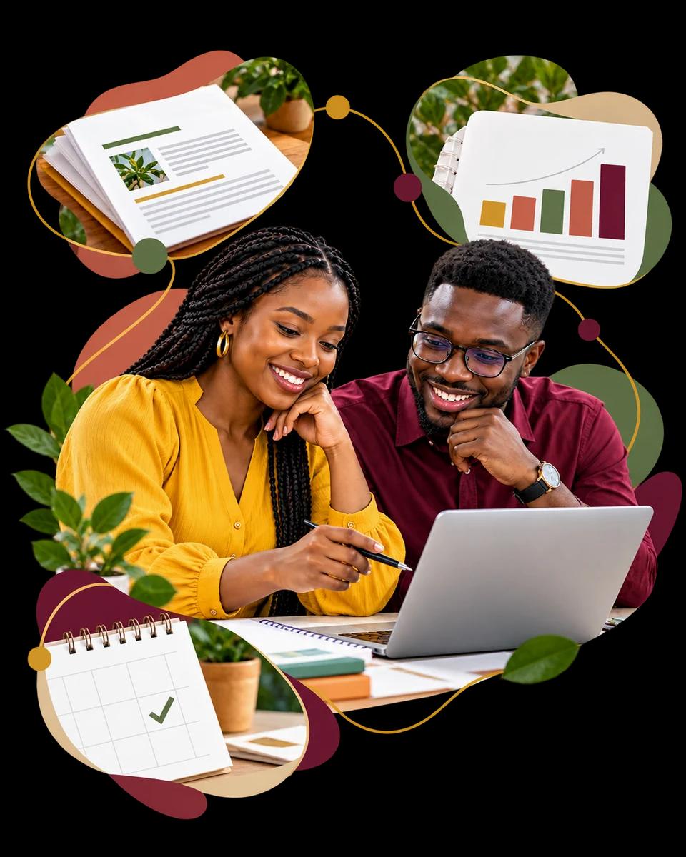 A man and woman preparing a grant application with business plans, charts and a deadline calendar in Nextali's warm colours